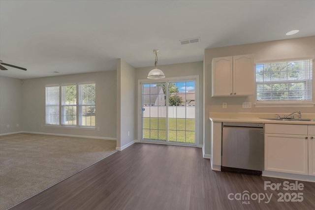 1111 Balcorn Pl, Charlotte, NC 28214 - kitchen with dishwasher, a sink, white cabinetry, and dark wood-style floors