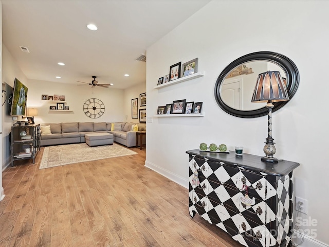 9405 Gladden Hill Ln, Pineville, NC 28134 - living room featuring recessed lighting, light wood finished floors, baseboards, and ceiling fan