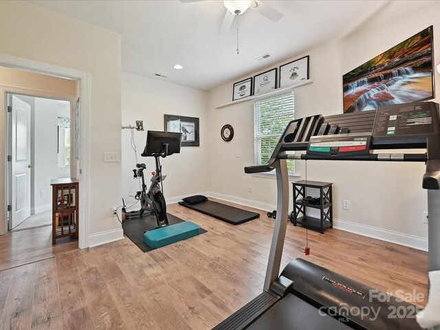 9405 Gladden Hill Ln, Pineville, NC 28134 - workout room with wood finished floors, a ceiling fan, baseboards, and recessed lighting