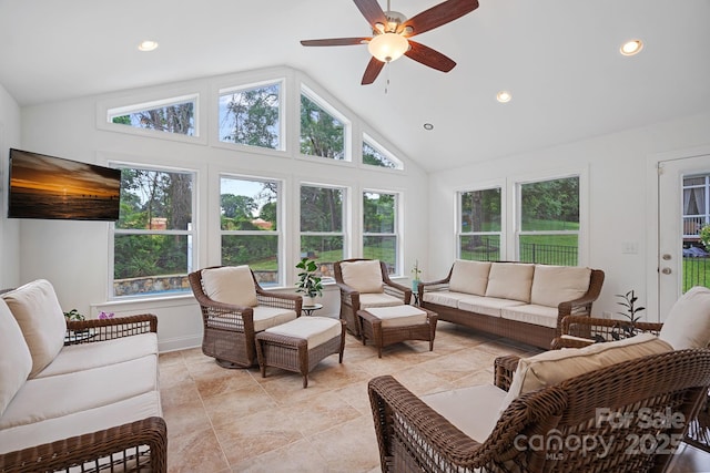 11917 Ulsten Ln, Huntersville, NC 28078 - living area featuring ceiling fan, recessed lighting, and high vaulted ceiling