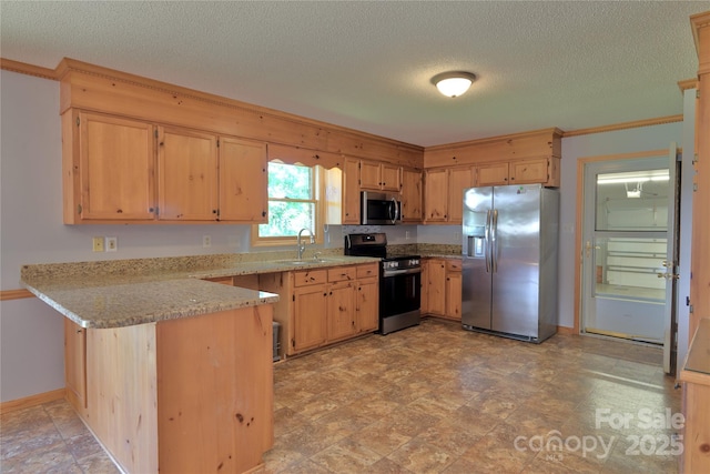 7869 Cherry Point Dr, Denver, NC 28037 - kitchen with stainless steel appliances, a peninsula, a textured ceiling, light stone countertops, and light brown cabinetry
