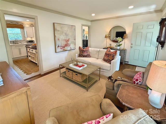 5033 Baylor Dr, Charlotte, NC 28210 - living room featuring recessed lighting, ornamental molding, baseboards, and wood finished floors