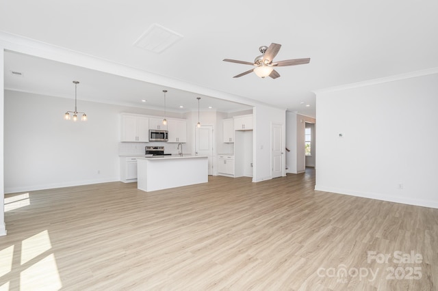 722 Lithia Inn Rd, Lincolnton, NC 28092 - unfurnished living room with a sink, ornamental molding, light wood finished floors, baseboards, and ceiling fan