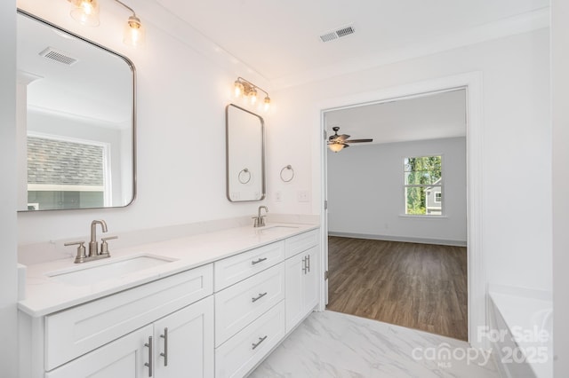 722 Lithia Inn Rd, Lincolnton, NC 28092 - bathroom with double vanity, ceiling fan, a tub to relax in, and marble finish flooring
