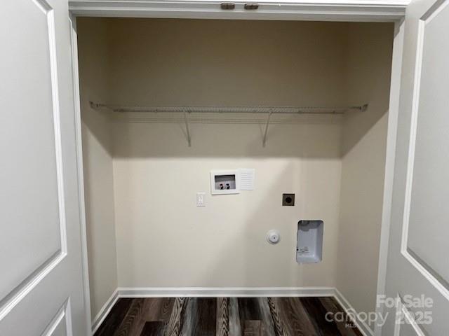 103 Higgins Ct, Morganton, NC 28655 - washroom featuring gas dryer hookup, hookup for an electric dryer, washer hookup, dark wood-type flooring, and baseboards