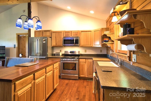 496 Moonlight Pass, Union Mills, NC 28167 - kitchen with appliances with stainless steel finishes, butcher block countertops, a sink, open shelves, and high vaulted ceiling