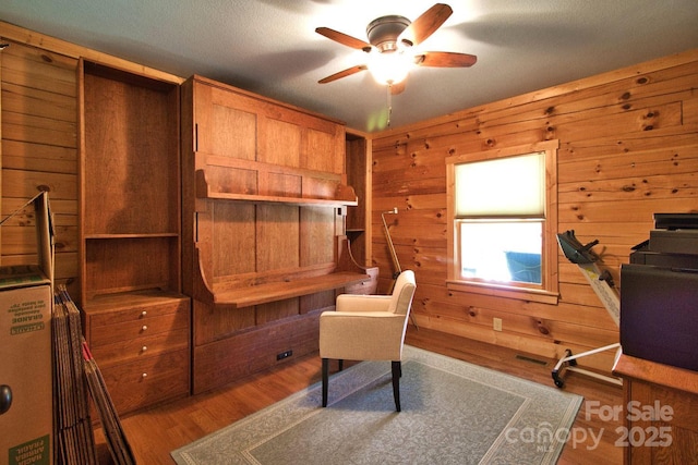 496 Moonlight Pass, Union Mills, NC 28167 - office featuring wooden walls, ceiling fan, and wood finished floors