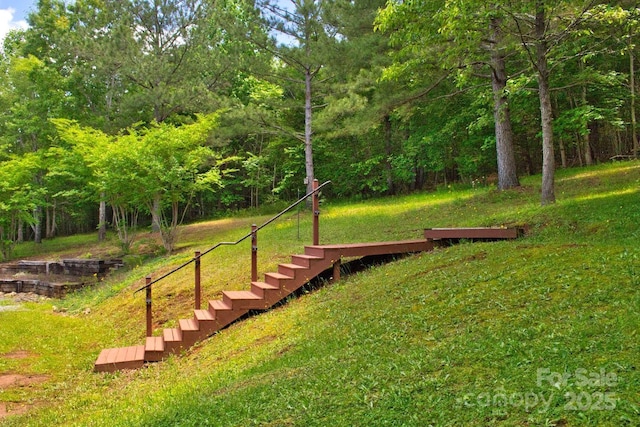 496 Moonlight Pass, Union Mills, NC 28167 - view of green lawn featuring stairs and a forest view