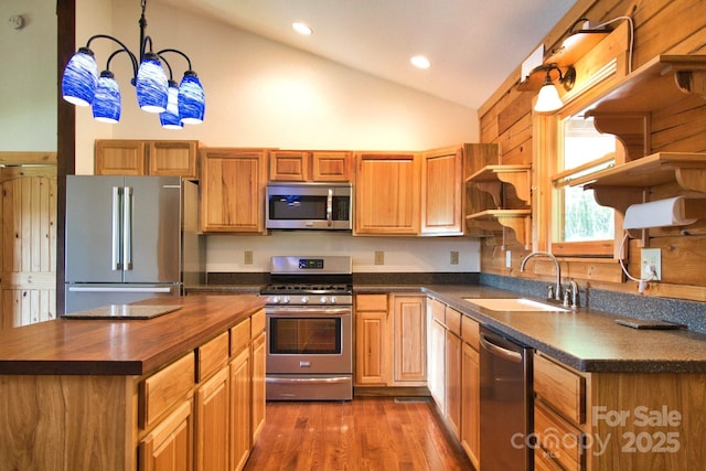 496 Moonlight Pass, Union Mills, NC 28167 - kitchen with stainless steel appliances, butcher block counters, open shelves, a chandelier, and dark wood-style flooring