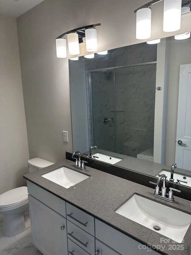 3007 Citizens Ln, Charlotte, NC 28205 - full bathroom with toilet, a marble finish shower, and double vanity