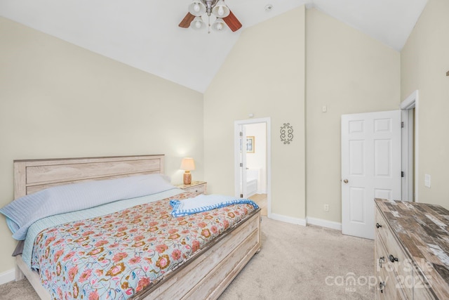 7255 Orchard Path Dr, Clemmons, NC 27012 - bedroom with high vaulted ceiling, light colored carpet, baseboards, and ceiling fan