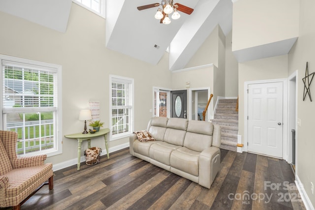 7255 Orchard Path Dr, Clemmons, NC 27012 - living area featuring wood finished floors, ceiling fan, baseboards, a towering ceiling, and stairway