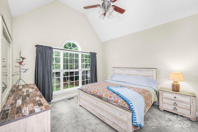 7255 Orchard Path Dr, Clemmons, NC 27012 - bedroom featuring carpet floors, high vaulted ceiling, and a ceiling fan