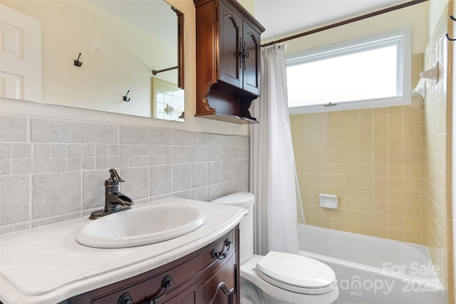 6294 Southlake Dr, Hickory, NC 28601 - full bathroom with toilet, shower / bath combination with curtain, vanity, and tile walls