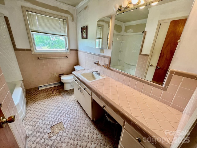 1585 Salem Church Rd, Lincolnton, NC 28092 - full bath with a baseboard radiator, ornamental molding, tile walls, toilet, and a tub