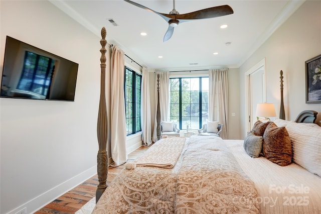 445 Sundown Rd, Mooresville, NC 28117 - bedroom with wood finished floors, baseboards, access to outside, recessed lighting, and crown molding