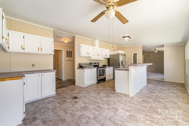 3585 Woodstream Dr, Maiden, NC 28650 - kitchen featuring appliances with stainless steel finishes, ceiling fan, a textured ceiling, white cabinetry, and under cabinet range hood