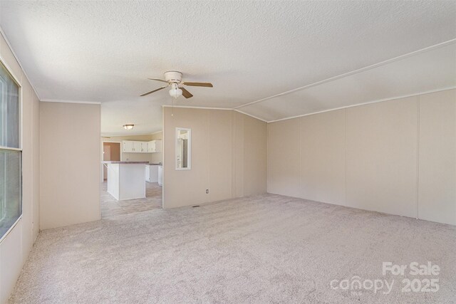 3585 Woodstream Dr, Maiden, NC 28650 - unfurnished living room featuring a ceiling fan, light carpet, lofted ceiling, and a textured ceiling