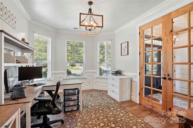 1478 Imperial Ct, York, SC 29745 - office area with a chandelier, wood finished floors, french doors, wainscoting, and crown molding