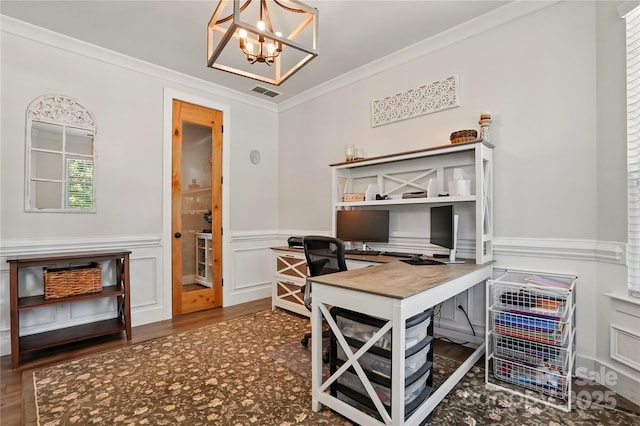 1478 Imperial Ct, York, SC 29745 - home office featuring wood finished floors, a chandelier, wainscoting, and ornamental molding