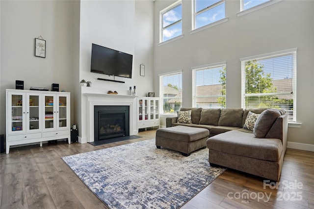 1478 Imperial Ct, York, SC 29745 - living room with wood-type flooring, a high ceiling, a fireplace with flush hearth, and baseboards