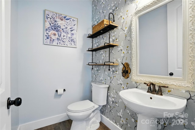 1478 Imperial Ct, York, SC 29745 - bathroom with wallpapered walls, toilet, wood finished floors, and baseboards