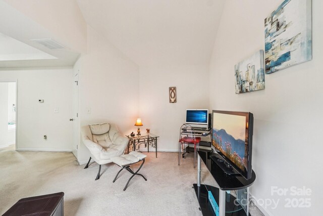 5021 Meadow Woods Dr, Lowell, NC 28098 - sitting room featuring carpet, baseboards, vaulted ceiling, and an office area