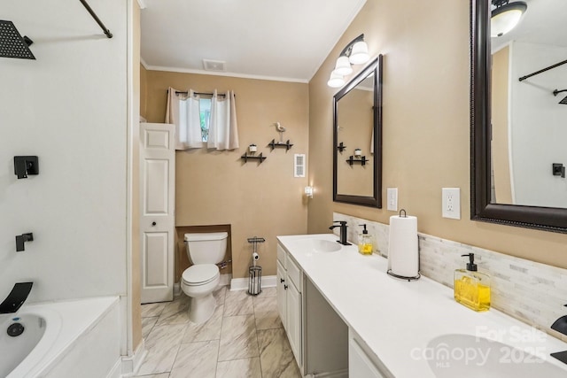5021 Meadow Woods Dr, Lowell, NC 28098 - bathroom featuring a tub, toilet, crown molding, double vanity, and marble look tiles