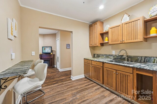 5021 Meadow Woods Dr, Lowell, NC 28098 - kitchen featuring open shelves, a sink, dark wood finished floors, crown molding, and baseboards