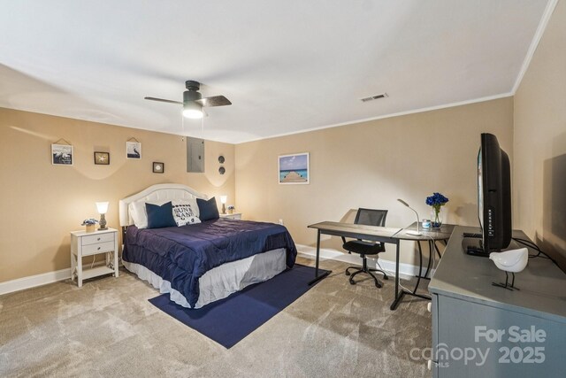 5021 Meadow Woods Dr, Lowell, NC 28098 - bedroom with carpet flooring, baseboards, a desk, crown molding, and ceiling fan