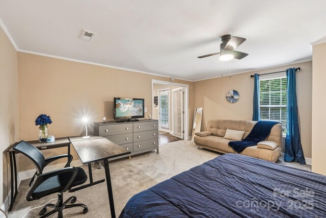5021 Meadow Woods Dr, Lowell, NC 28098 - carpeted bedroom featuring ornamental molding and ceiling fan