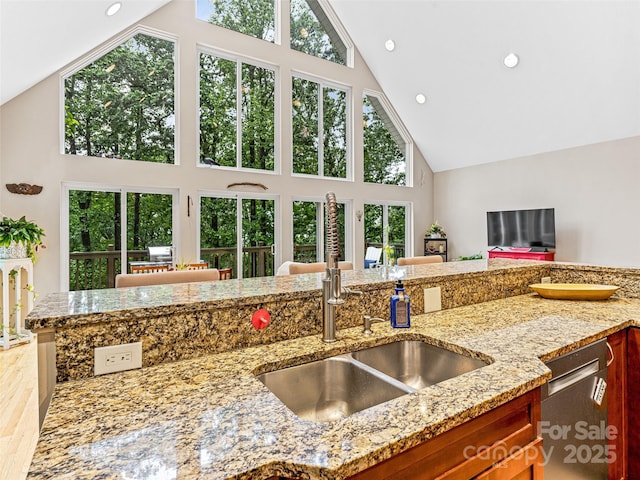 350 Mckissick Rd, Flat Rock, NC 28731 - kitchen featuring high vaulted ceiling, light stone countertops, open floor plan, stainless steel dishwasher, and recessed lighting