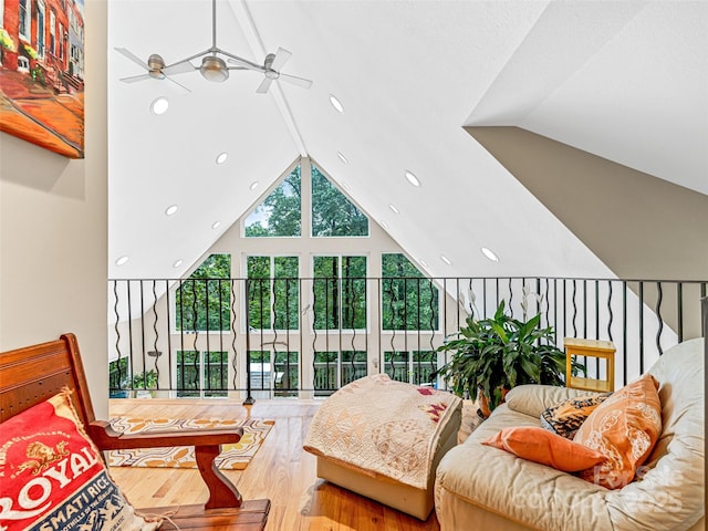 350 Mckissick Rd, Flat Rock, NC 28731 - living room featuring a ceiling fan, recessed lighting, wood finished floors, and high vaulted ceiling