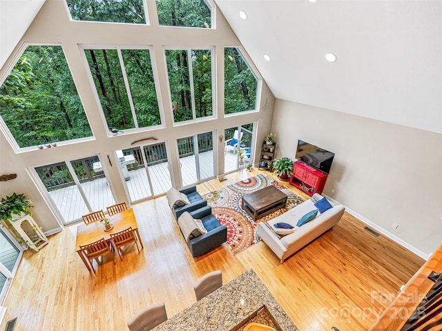 350 Mckissick Rd, Flat Rock, NC 28731 - living room featuring high vaulted ceiling, wood finished floors, baseboards, and recessed lighting