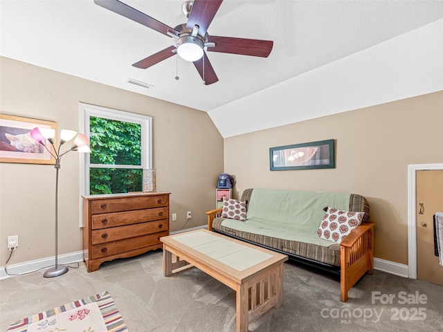 350 Mckissick Rd, Flat Rock, NC 28731 - living area with light carpet, a ceiling fan, baseboards, and vaulted ceiling