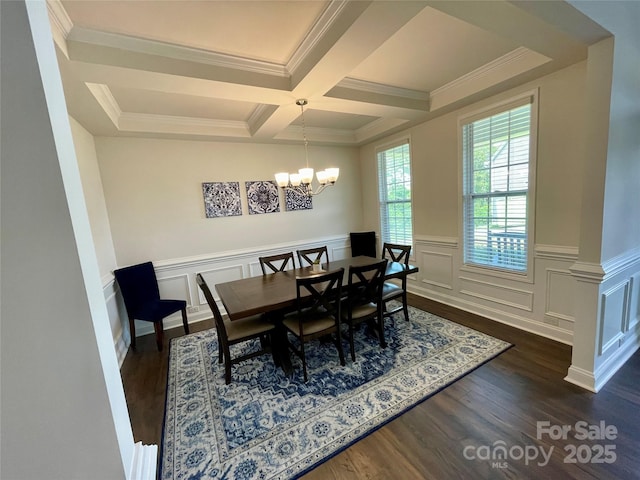 5005 Blue Serenity Ct, Denver, NC 28037 - dining room with a chandelier, dark wood finished floors, a wainscoted wall, beamed ceiling, and ornamental molding