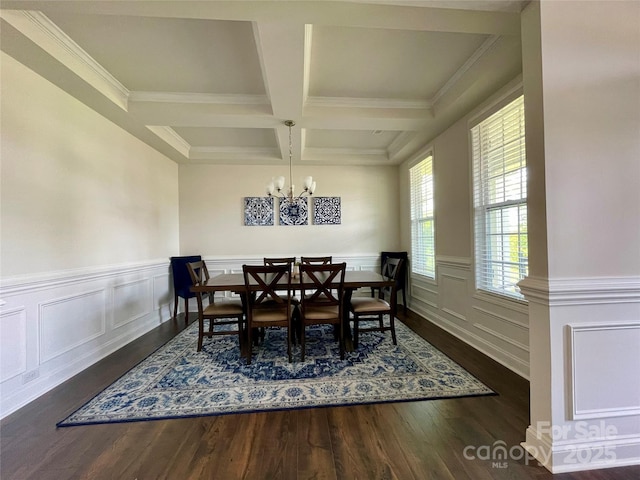 5005 Blue Serenity Ct, Denver, NC 28037 - dining space featuring coffered ceiling, wood finished floors, beam ceiling, a chandelier, and crown molding