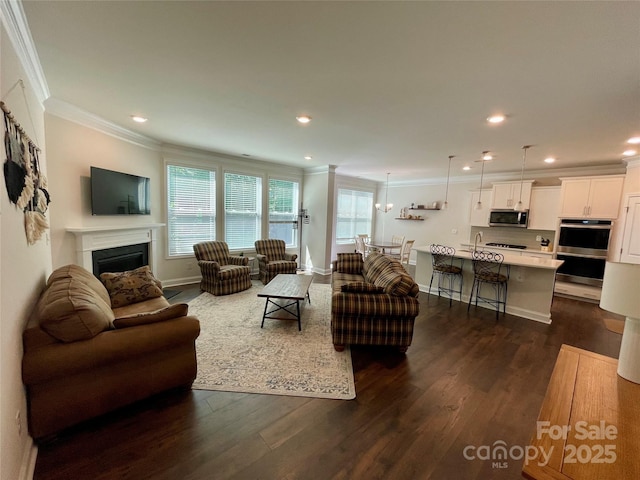 5005 Blue Serenity Ct, Denver, NC 28037 - living area with ornamental molding, dark wood-type flooring, a fireplace, baseboards, and recessed lighting