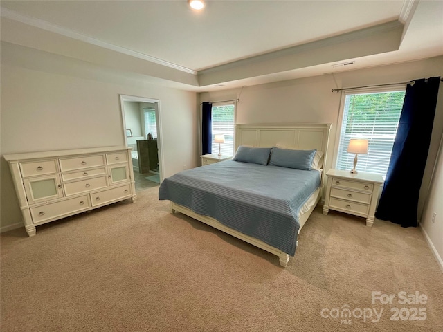 5005 Blue Serenity Ct, Denver, NC 28037 - carpeted bedroom with ornamental molding, a raised ceiling, baseboards, and ensuite bathroom