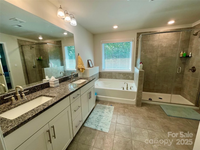 5005 Blue Serenity Ct, Denver, NC 28037 - full bath featuring double vanity, a garden tub, tile patterned floors, a shower stall, and recessed lighting