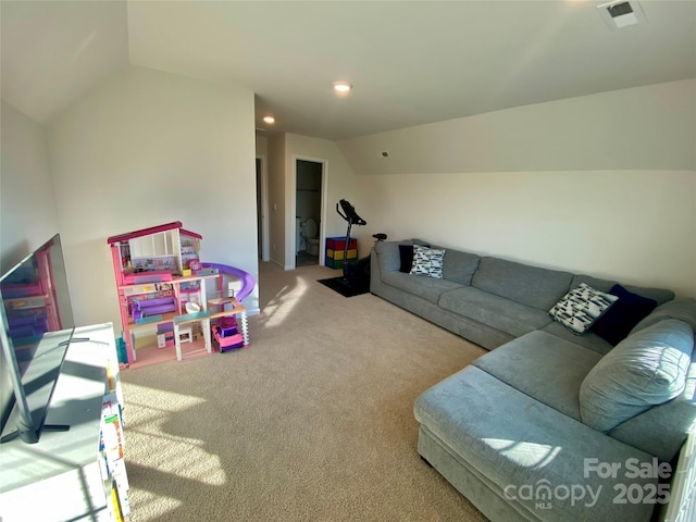 5005 Blue Serenity Ct, Denver, NC 28037 - playroom with lofted ceiling, carpet floors, and recessed lighting