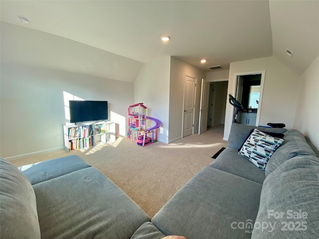 5005 Blue Serenity Ct, Denver, NC 28037 - carpeted living area with vaulted ceiling, baseboards, and recessed lighting