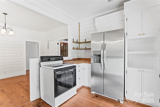 233 Sellars Rd, Kings Mountain, NC 28086 - kitchen with stainless steel refrigerator with ice dispenser, electric range, open shelves, white cabinets, and light wood-style floors