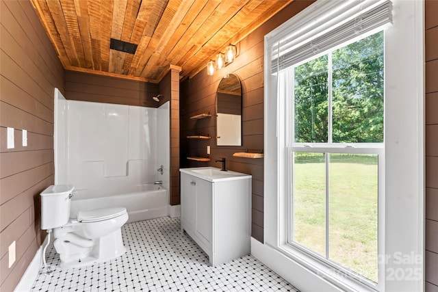 233 Sellars Rd, Kings Mountain, NC 28086 - full bathroom featuring wooden walls, wooden ceiling, vanity, toilet, and plenty of natural light