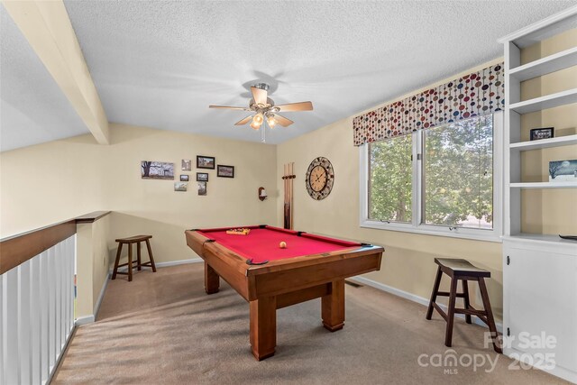 903 Independence Trl, Morganton, NC 28655 - recreation room with carpet, ceiling fan, billiards table, baseboards, and a textured ceiling