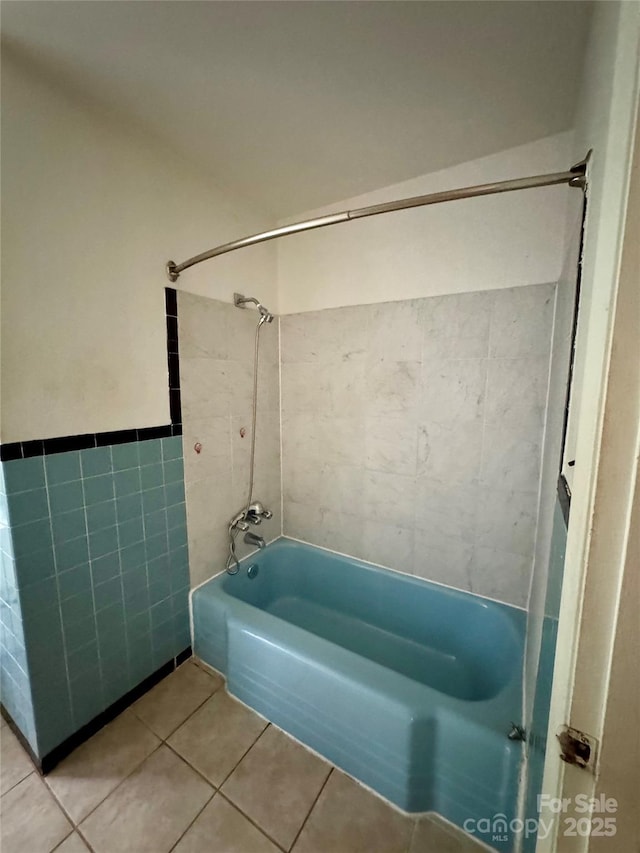 8 Mountain Ter, Asheville, NC 28806 - bathroom with tile walls, tile patterned flooring, washtub / shower combination, and wainscoting