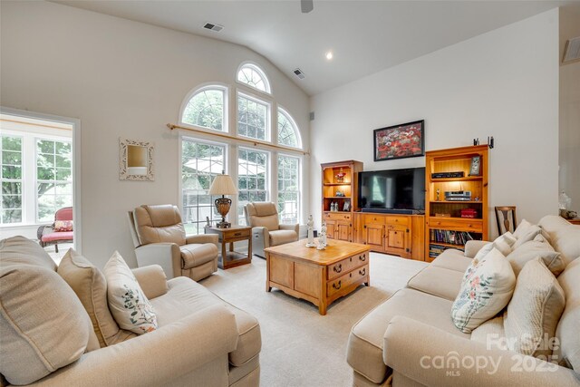 539 Turquoise Way, Fort Mill, SC 29708 - living room featuring light carpet and high vaulted ceiling