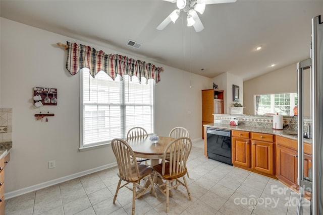 539 Turquoise Way, Fort Mill, SC 29708 - dining area featuring ceiling fan, light tile patterned floors, baseboards, and vaulted ceiling