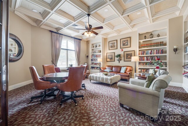 539 Turquoise Way, Fort Mill, SC 29708 - office area featuring carpet, coffered ceiling, baseboards, ceiling fan, and beamed ceiling