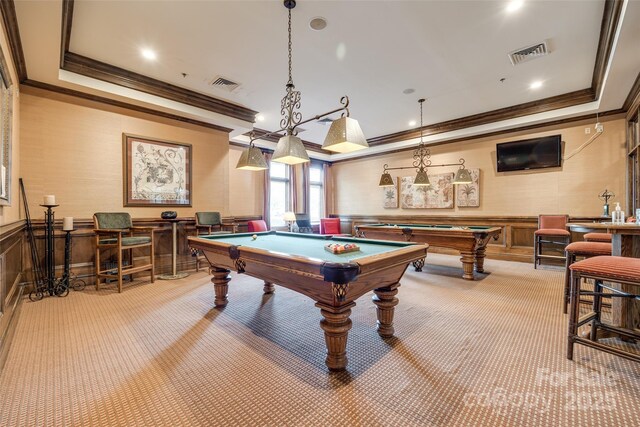 539 Turquoise Way, Fort Mill, SC 29708 - recreation room featuring crown molding, light carpet, billiards table, a wainscoted wall, and a decorative wall